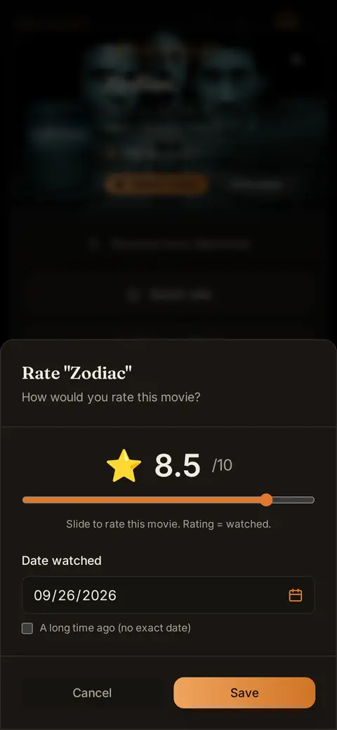 Rating a film on a phone: a score out of 10 on a slider, with the date watched