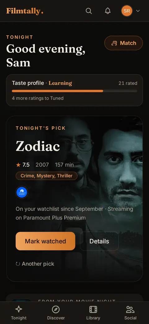 Tonight screen on a phone: tonight's pick, the reason it was picked and the service it streams on